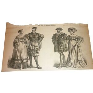 Antique 16th Century German Fashion Wood Engraving Print Renaissance Costume Art